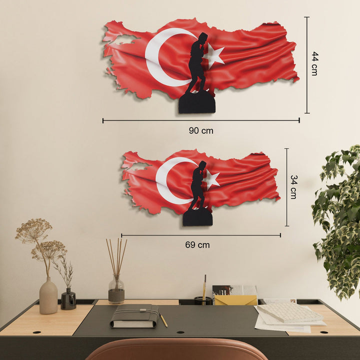 3 Boyutlu Renkli Atatürk ve Türkiye Haritası Metal Duvar Tablosu - APT763