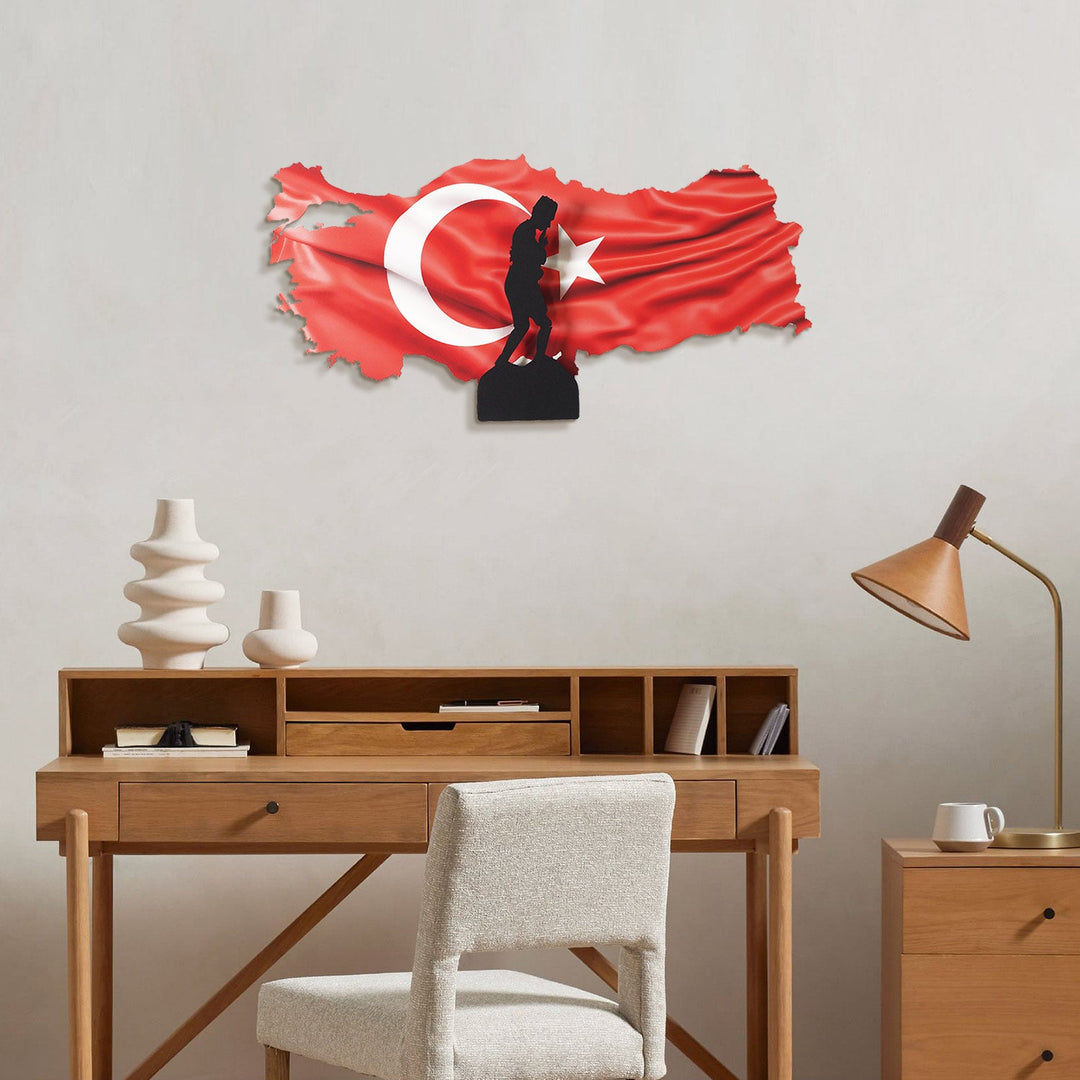 3 Boyutlu Renkli Atatürk ve Türkiye Haritası Metal Duvar Tablosu - APT763