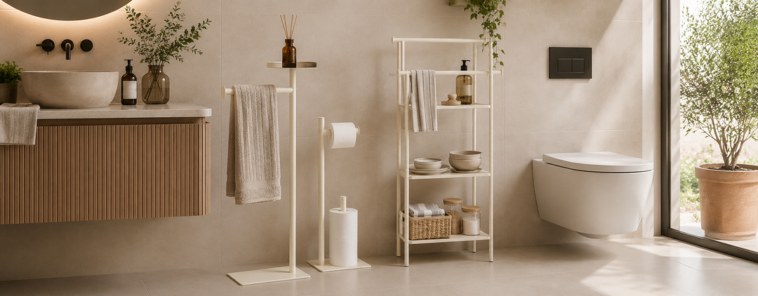 Artepera metal havluluk, tuvalet kağıtlığı ve raflı ünite ile modern banyo düzeni